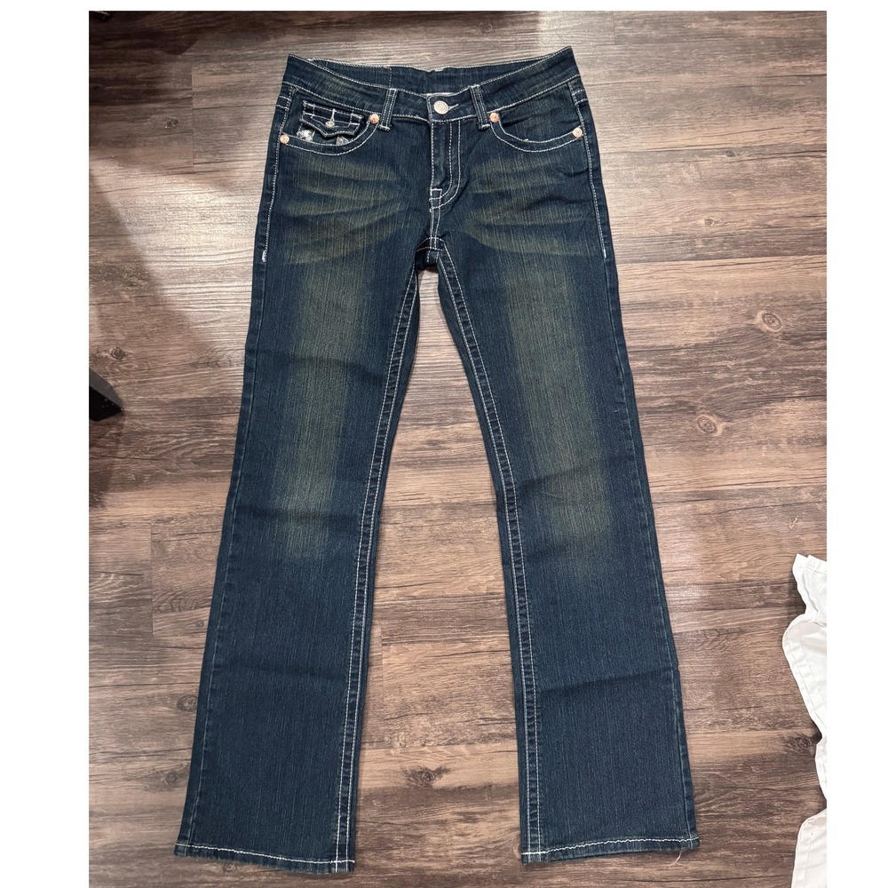 True Religion Joey Super T Flare Jeans‎ Dark Wash Sequin Horseshoe Size 30